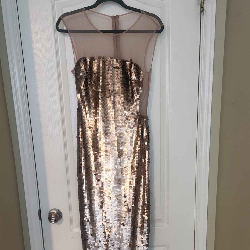 BCBGMaxAzria Strapless Dress with Gold Sequins